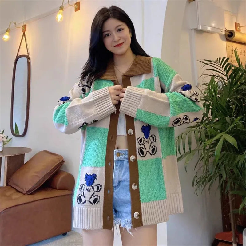 Japanese Style Bear Print Cardigan Women Kawaii Loose POLO Collar Knitwears Long Sleeve Plaid Knitted Jumper Y2k Green Sweater