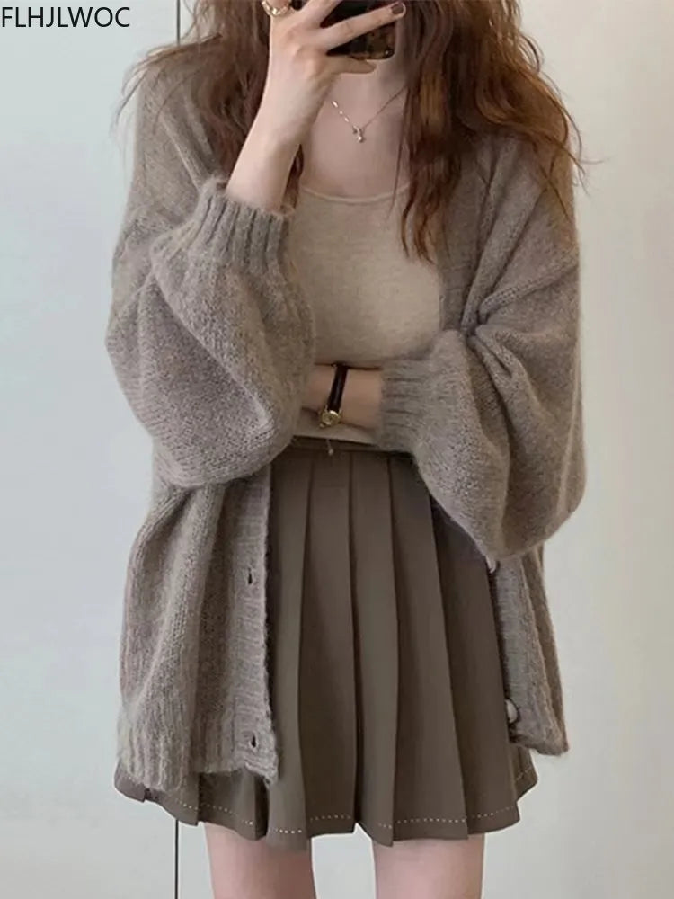 Chic Korean Cute Clothes Design Autumn Womens Long Sleeve Casual Loose Preppy Style Girls Solid Blue Knitted Sweater Cardigans