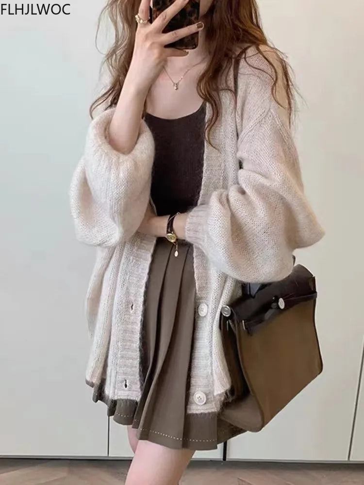 Chic Korean Cute Clothes Design Autumn Womens Long Sleeve Casual Loose Preppy Style Girls Solid Blue Knitted Sweater Cardigans