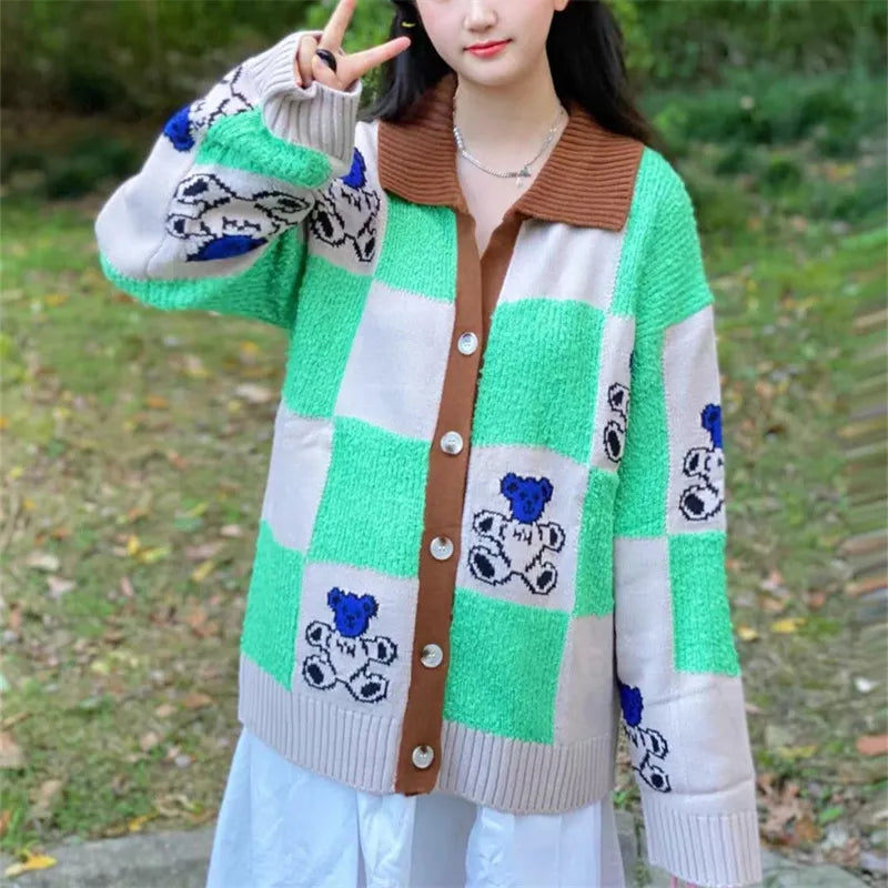 Japanese Style Bear Print Cardigan Women Kawaii Loose POLO Collar Knitwears Long Sleeve Plaid Knitted Jumper Y2k Green Sweater