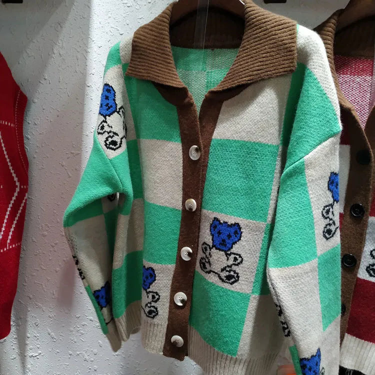 Japanese Style Bear Print Cardigan Women Kawaii Loose POLO Collar Knitwears Long Sleeve Plaid Knitted Jumper Y2k Green Sweater