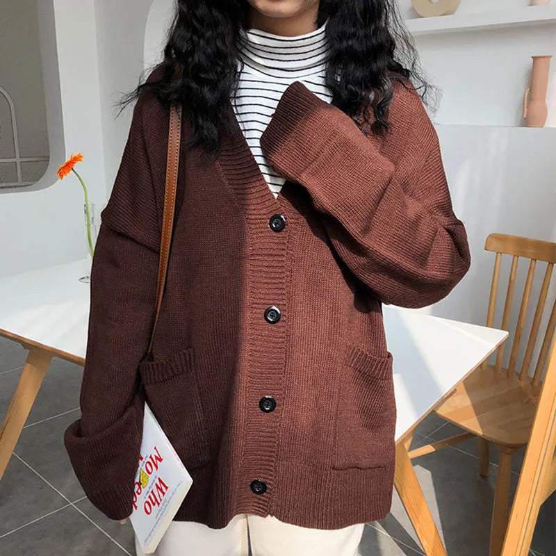 Sweaters Women Knitted Cardigan V-Neck Long Sleeve Fashion Knitting Female Autumn Elegant Green Brown Red White Black Grey Pink