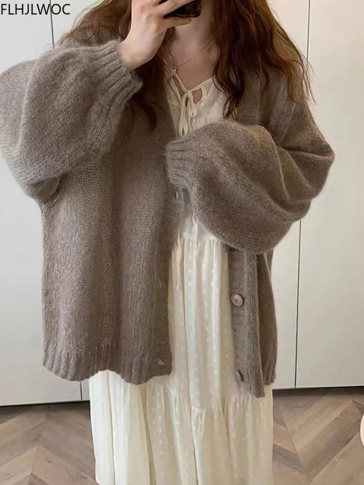 Chic Korean Cute Clothes Design Autumn Womens Long Sleeve Casual Loose Preppy Style Girls Solid Blue Knitted Sweater Cardigans