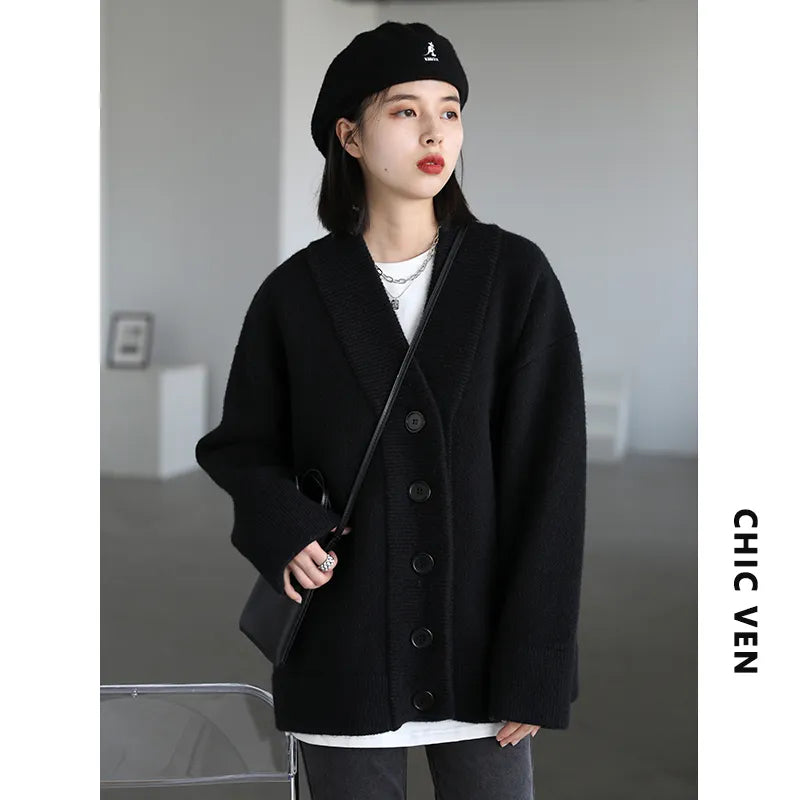 CHIC VEN Women Cardigan Sweater Casual Loose V-neck Knitted Cardigan Thick Long Sleeve Sweaters Coat Women's Winter Jumper Woman