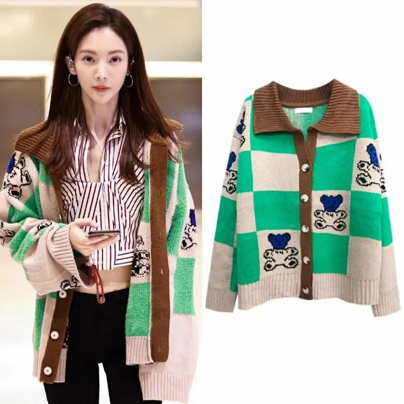 Japanese Style Bear Print Cardigan Women Kawaii Loose POLO Collar Knitwears Long Sleeve Plaid Knitted Jumper Y2k Green Sweater