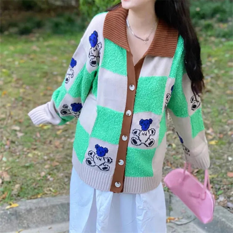 Japanese Style Bear Print Cardigan Women Kawaii Loose POLO Collar Knitwears Long Sleeve Plaid Knitted Jumper Y2k Green Sweater