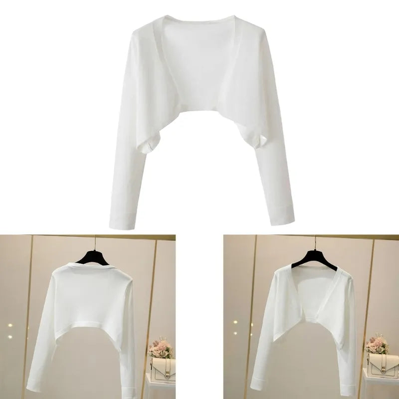 Women Elegant Cropped Long Sleeve Crop Top Mini Knitwear Lightweight Cardigans Shrugs Open Front Sweater Draped Cardigan