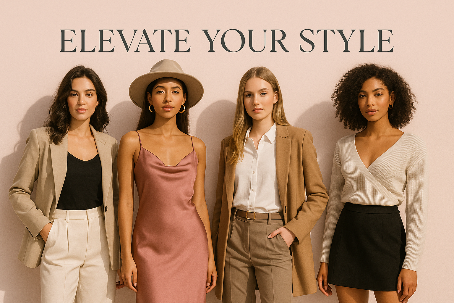 A stylish fashion banner for a women's clothing store with elegant typography and fashionable women in trendy outfits