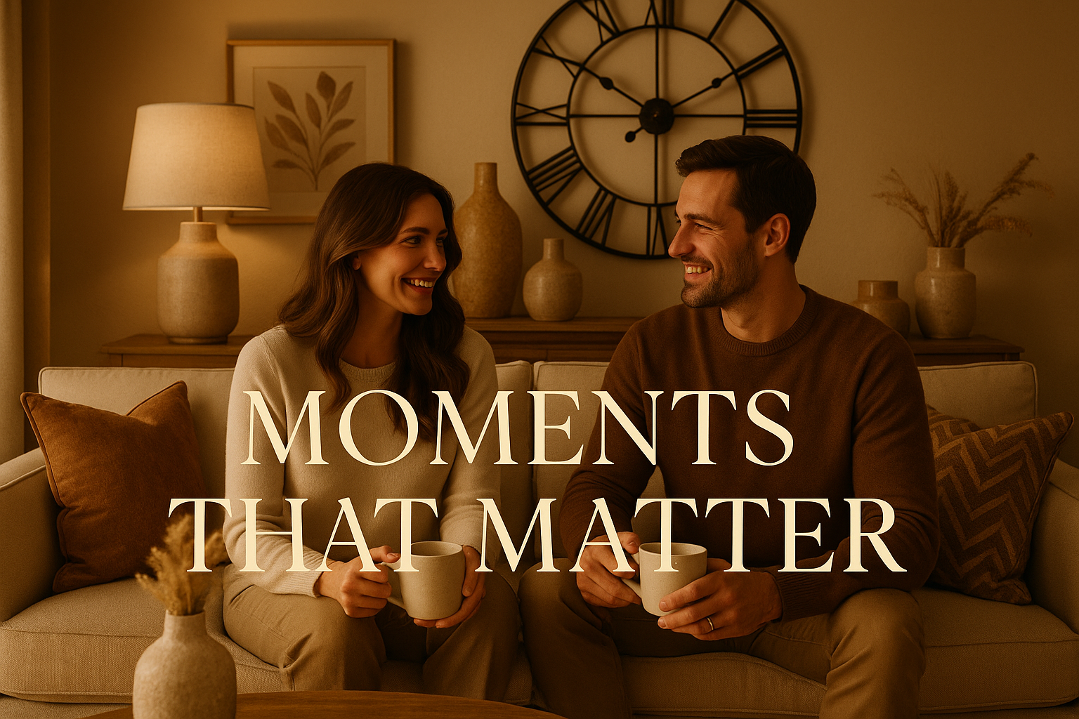 Couple enjoying time together in decorated living room with text "Moments That Matter"