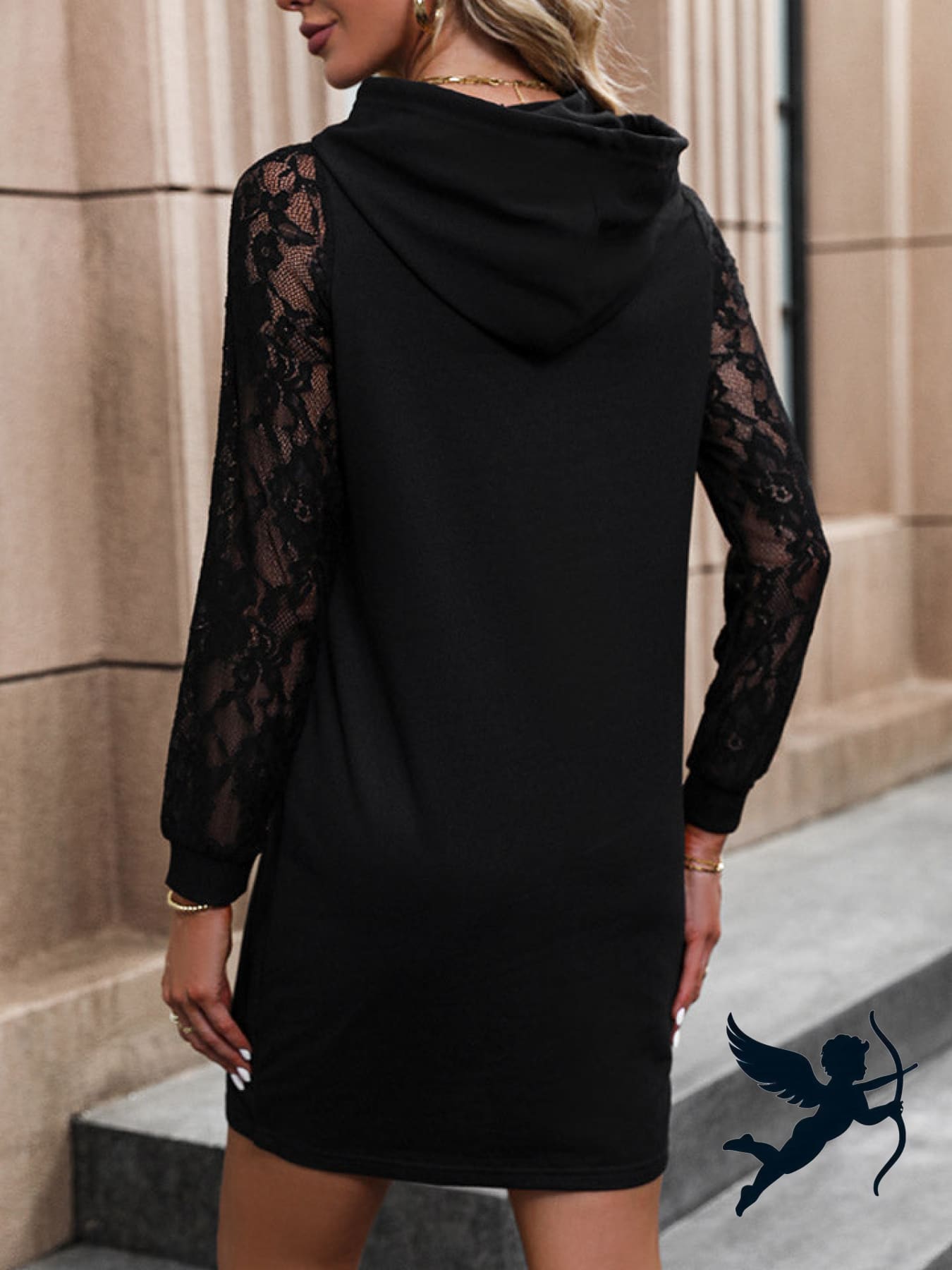 Trendsi Cupid Beauty Supplies Women Casual Dress Lace Trim Long Sleeve Hooded Dress