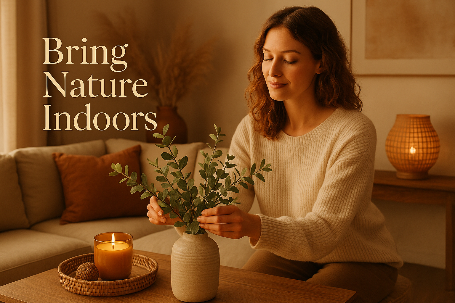 Woman arranging artificial plants with text "Bring Nature Indoors"