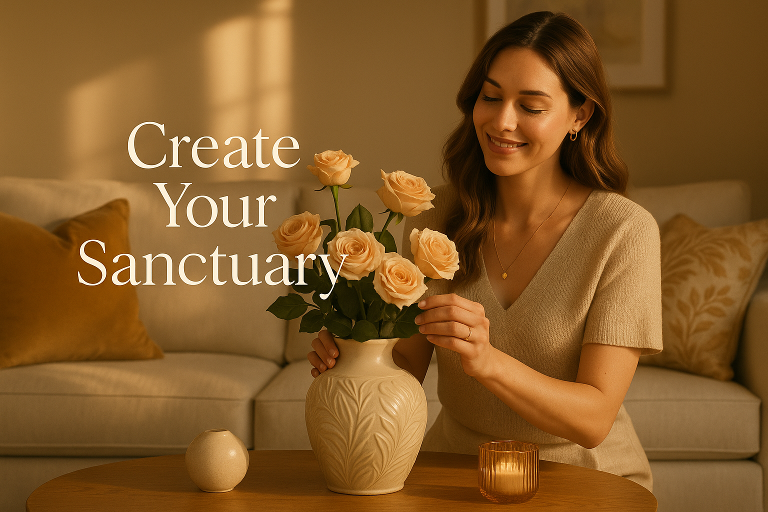 Woman arranging roses in elegant vase with text "Create Your Sanctuary"