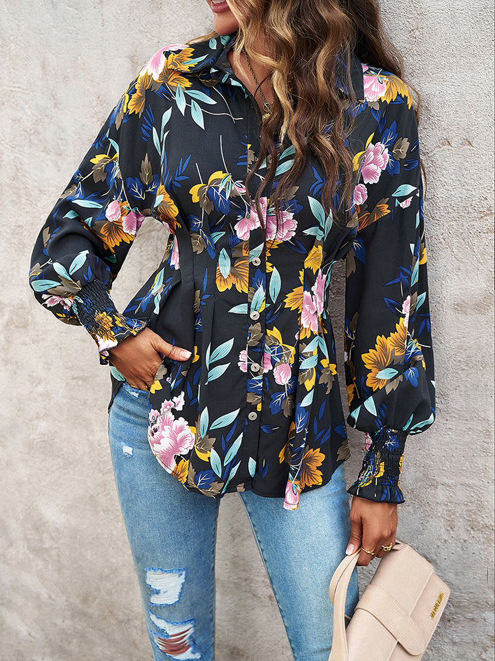 Trendsi Cupid Beauty Supplies Blouses Printed Button-Up Lantern Sleeve Shirt
