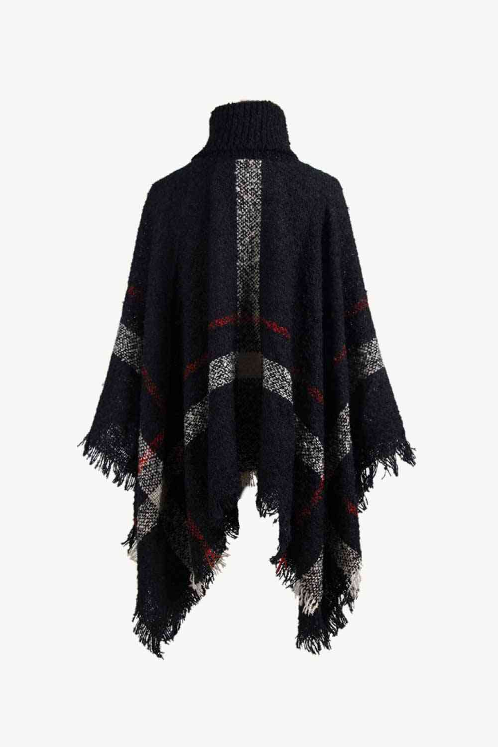 Stylish Plaid Turtleneck Poncho with Raw Hem
