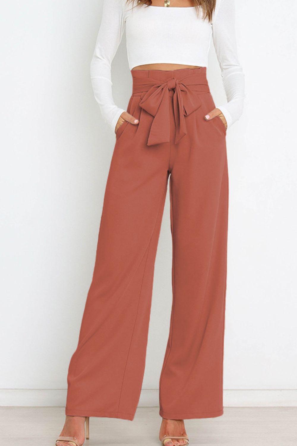 Trendsi Cupid Beauty Supplies Brick / S Women Pants Tie Front Paperbag Wide Leg Pants