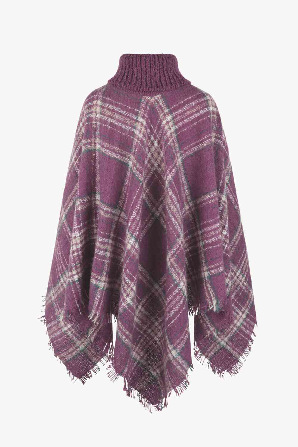 Plaid Turtleneck Poncho with Fringe Hem - Stylish Winter Fashion