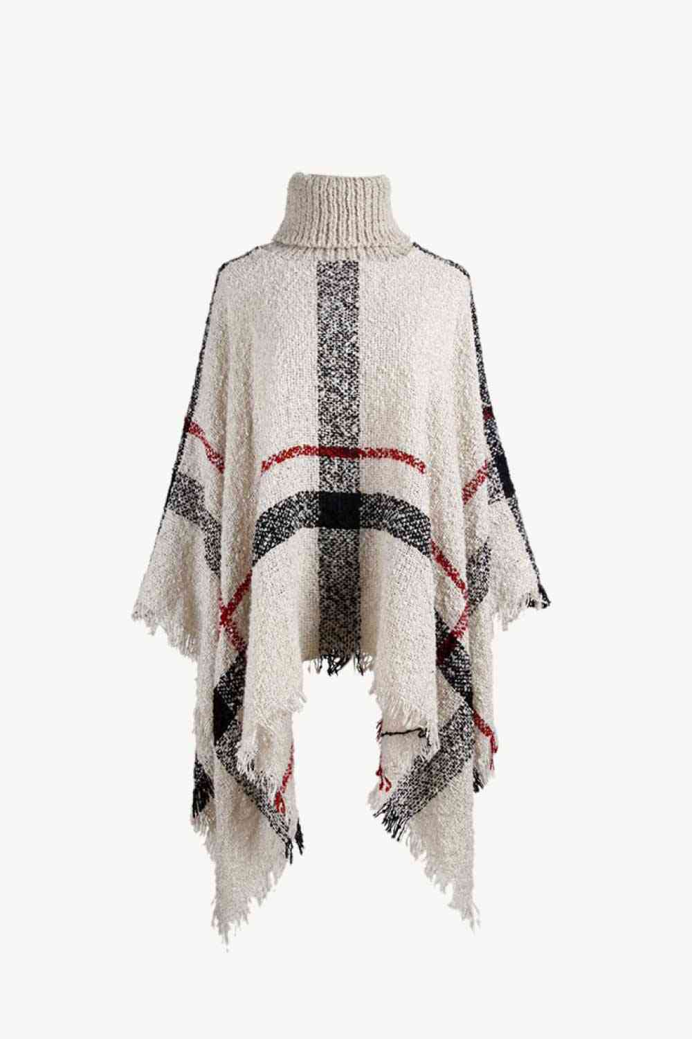 Stylish Plaid Turtleneck Poncho with Raw Hem