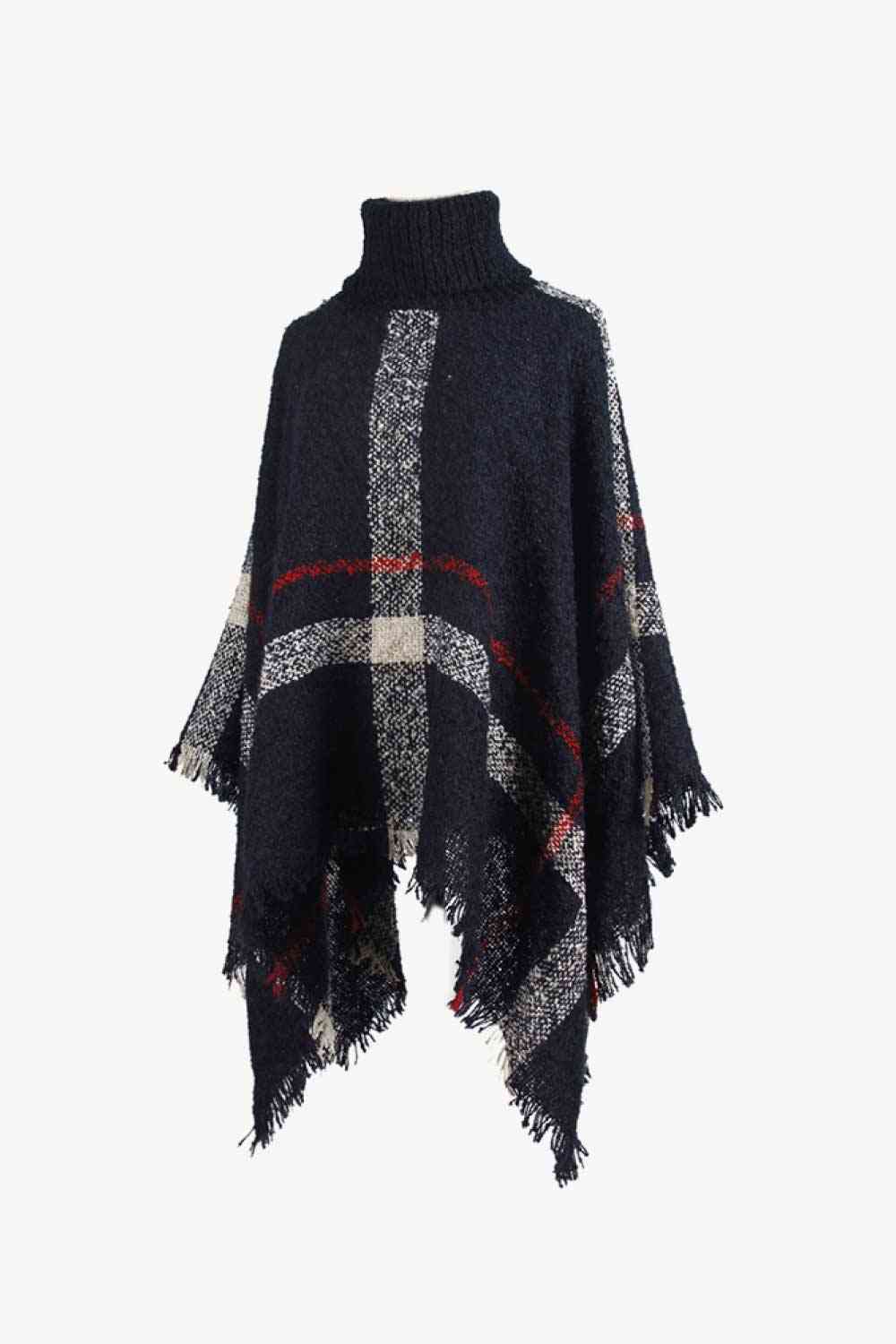 Stylish Plaid Turtleneck Poncho with Raw Hem