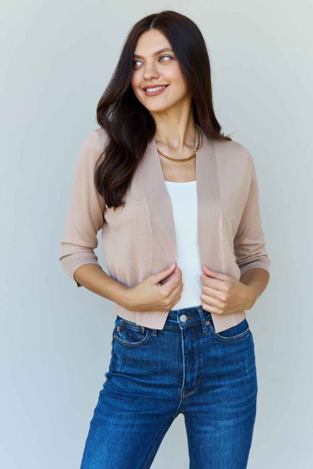 Khaki 3/4 Sleeve Cropped Cardigan - Doublju Favorite