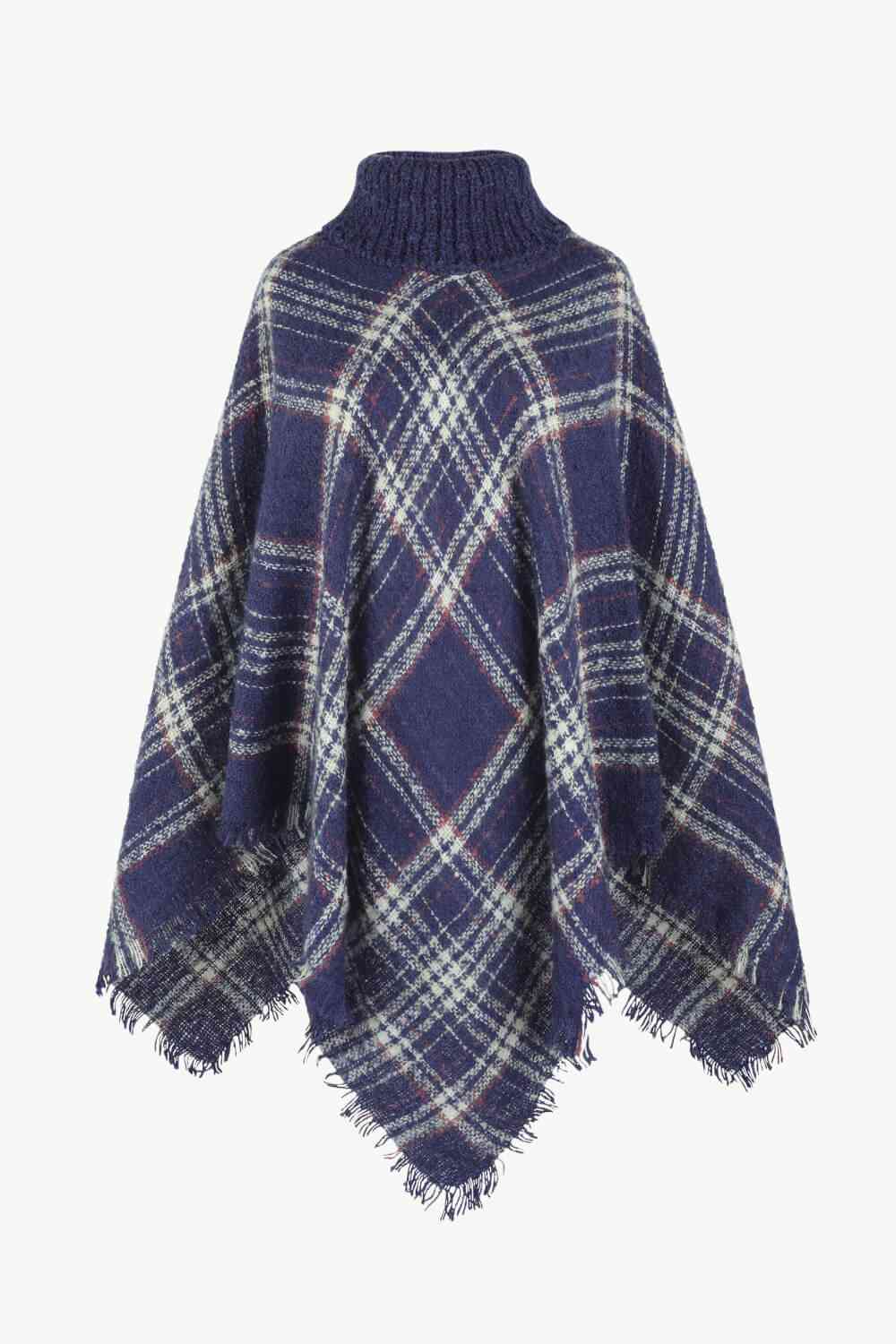 Plaid Turtleneck Poncho with Fringe Hem - Stylish Winter Fashion