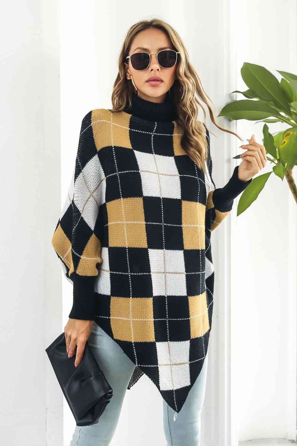 Plaid Turtleneck Dolman Sleeve Poncho - Stylish Winter Fashion