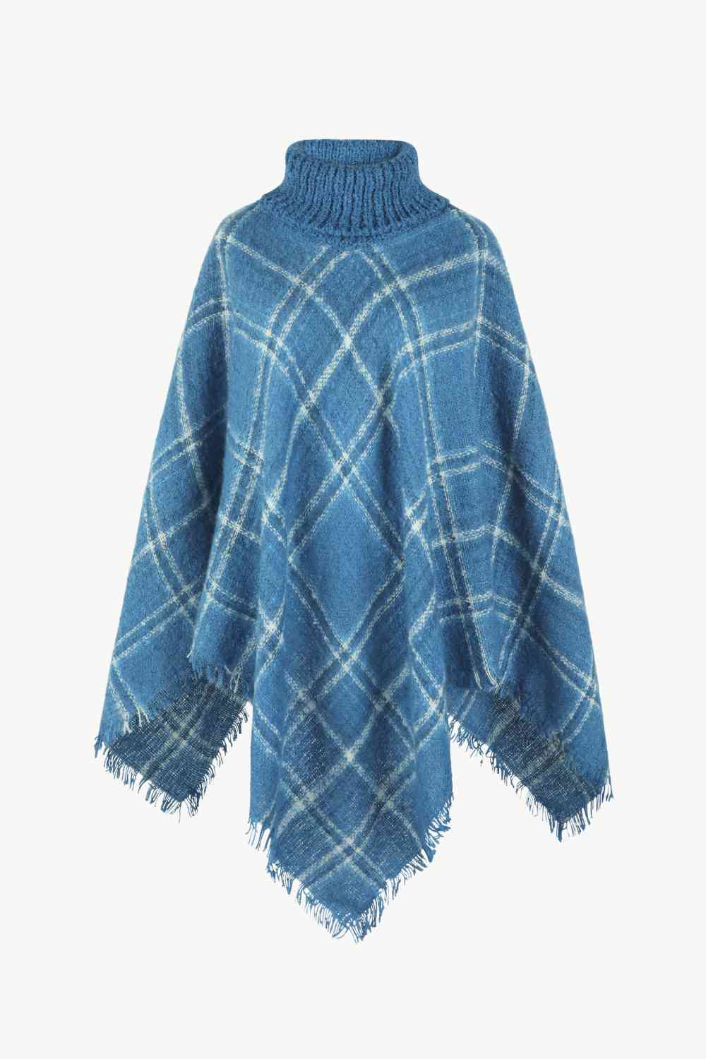 Plaid Turtleneck Poncho with Fringe Hem - Stylish Winter Fashion
