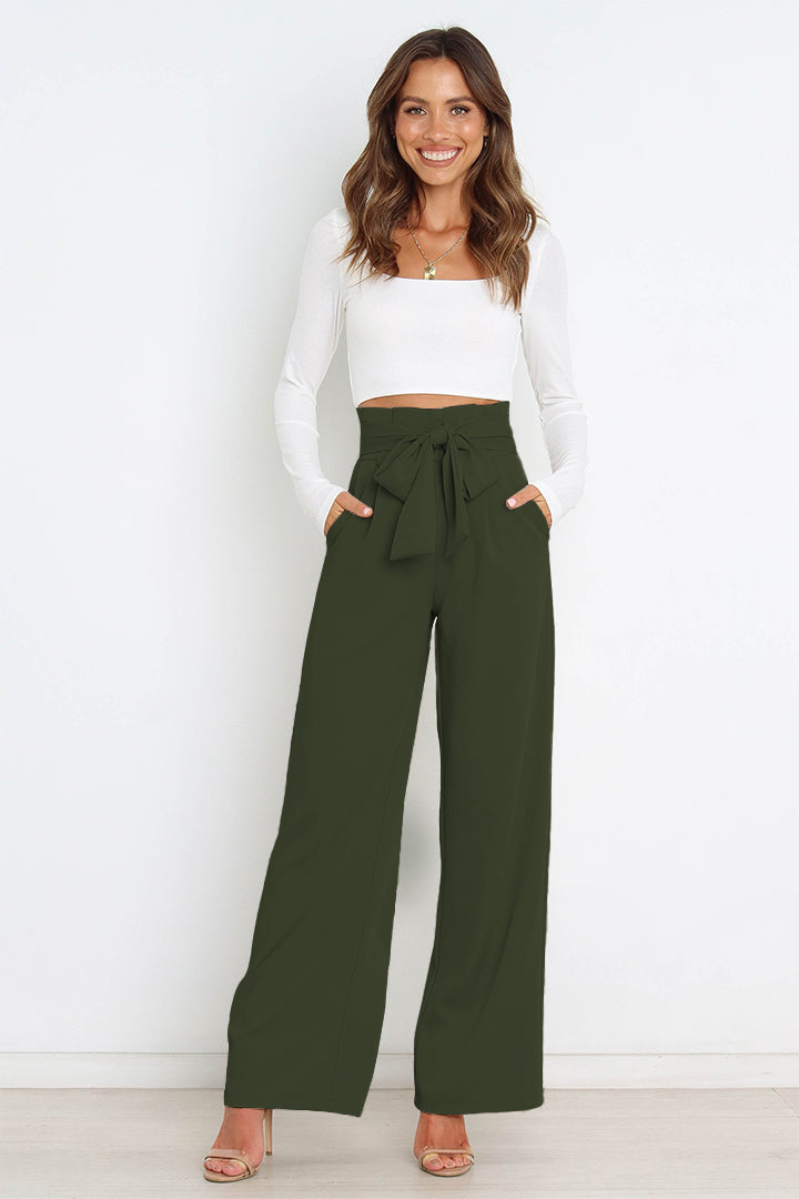 Trendsi Cupid Beauty Supplies Army Green / S Women Pants Tie Front Paperbag Wide Leg Pants