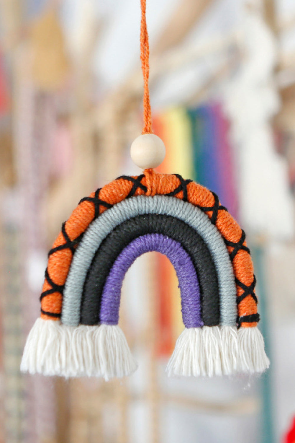 Trendsi Cupid Beauty Supplies Keychains Fringe Macrame Rainbow Shape Wood Bead Cotton Keychain