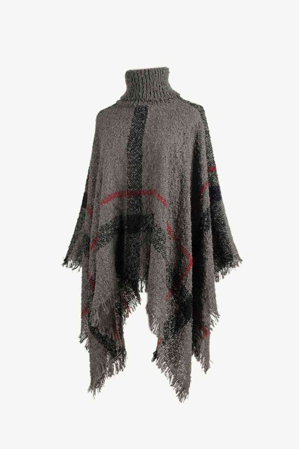 Stylish Plaid Turtleneck Poncho with Raw Hem