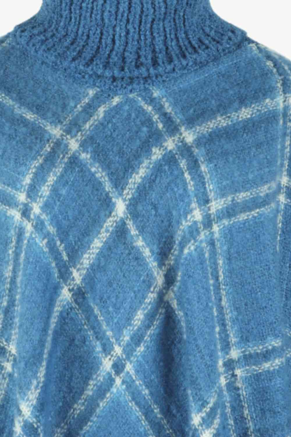 Plaid Turtleneck Poncho with Fringe Hem - Stylish Winter Fashion