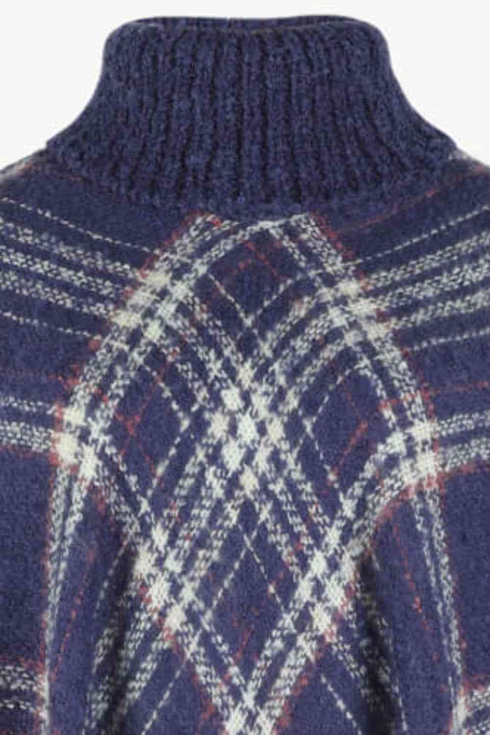Plaid Turtleneck Poncho with Fringe Hem - Stylish Winter Fashion