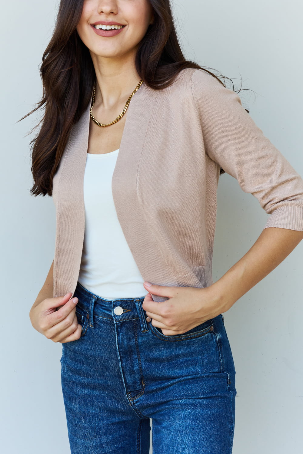 Khaki 3/4 Sleeve Cropped Cardigan - Doublju Favorite