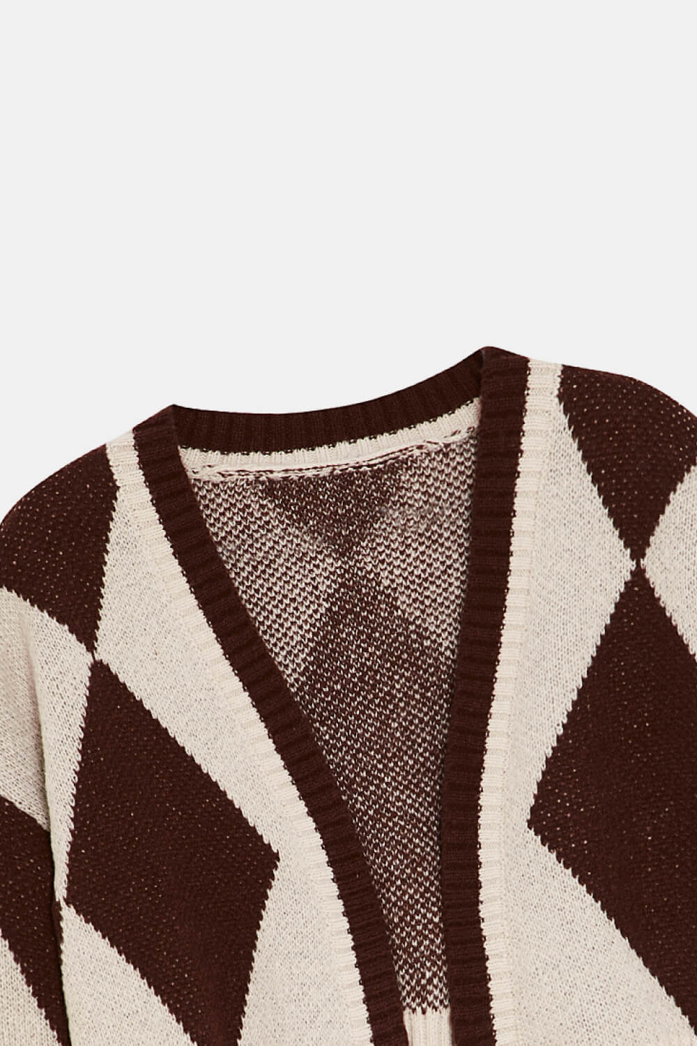 Argyle Pattern Ribbed Trim Open Front Cardigan - Cupid Beauty Supplies