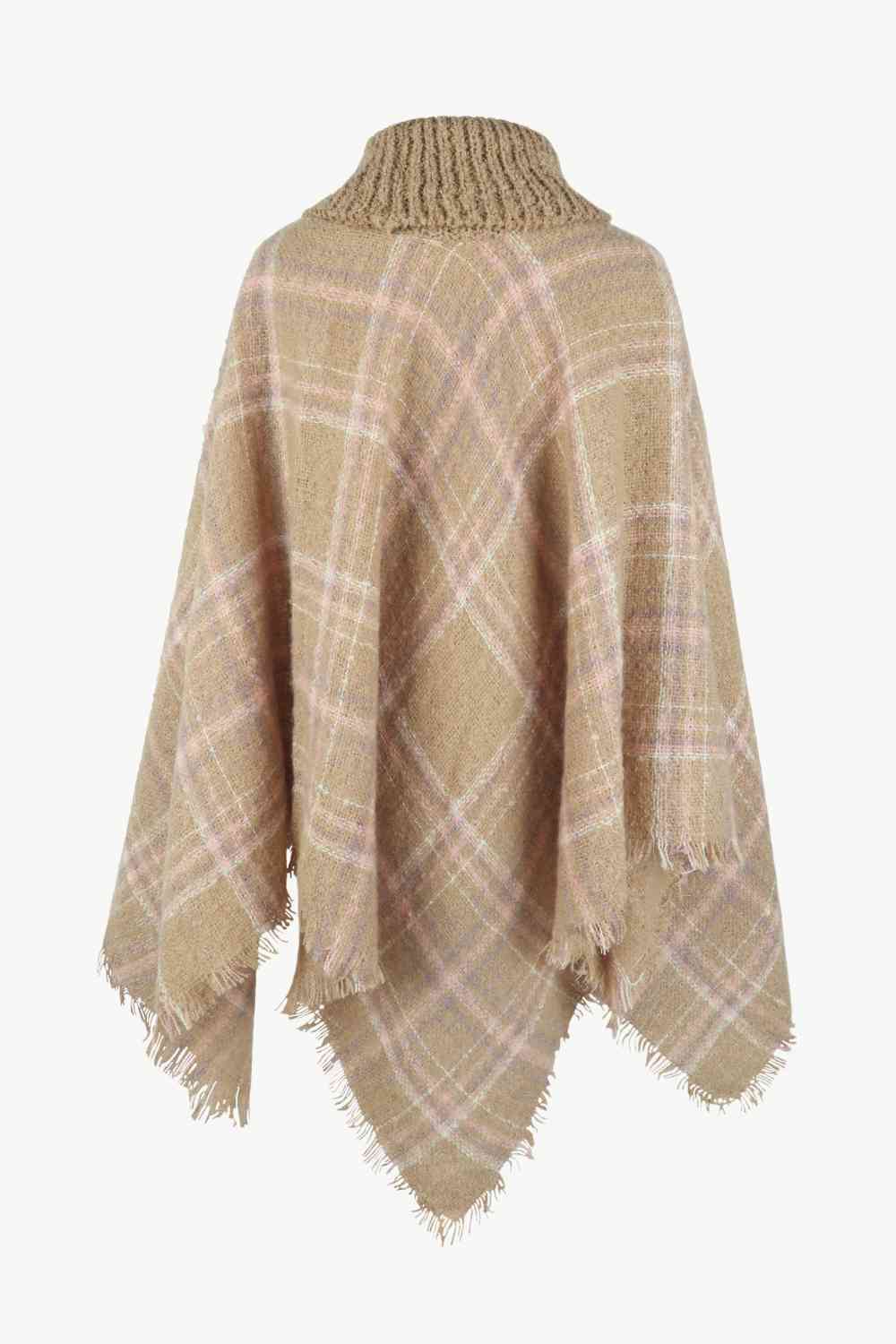 Plaid Turtleneck Poncho with Fringe Hem - Stylish Winter Fashion