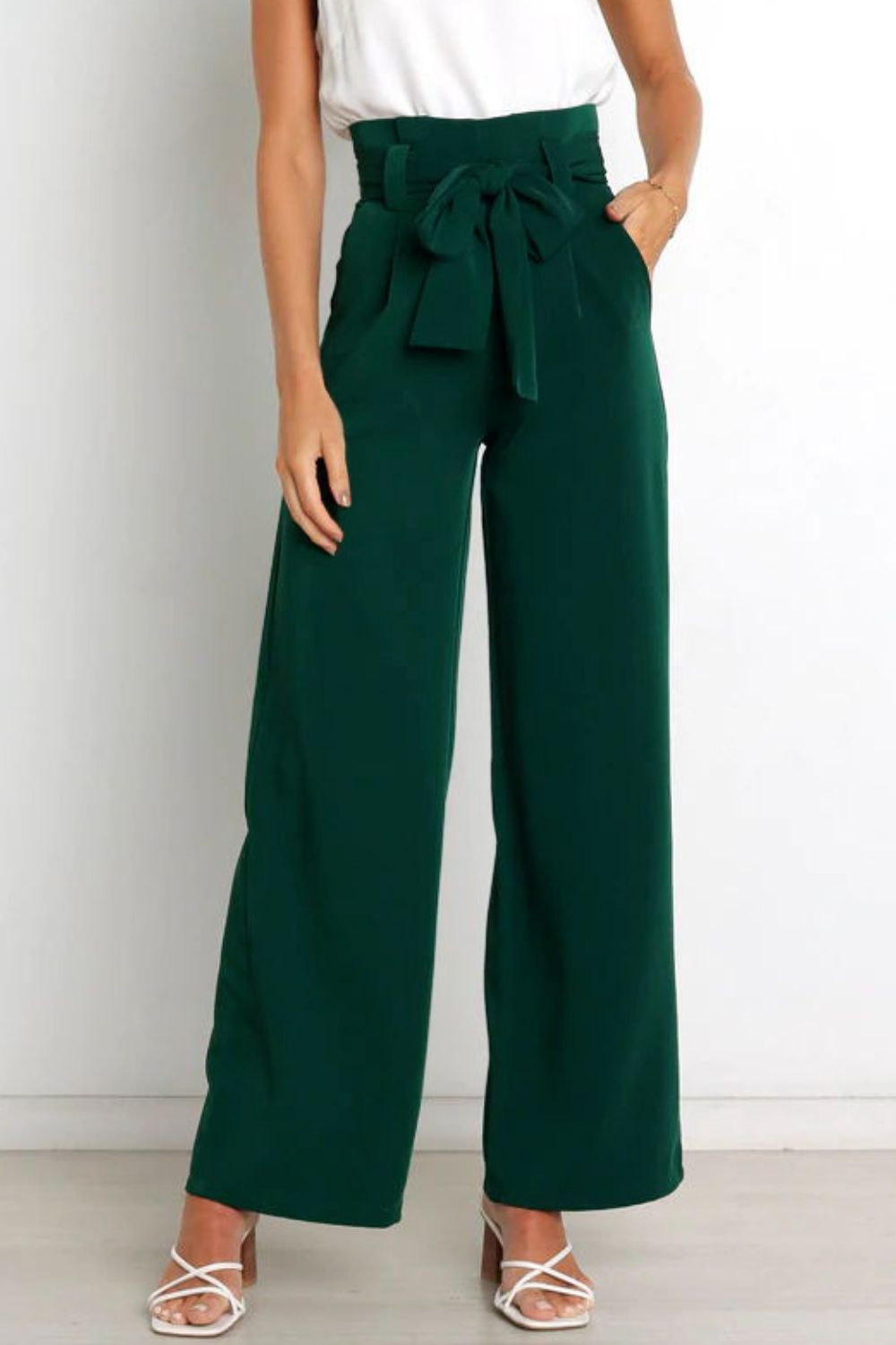 Trendsi Cupid Beauty Supplies Forest / S Women Pants Tie Front Paperbag Wide Leg Pants