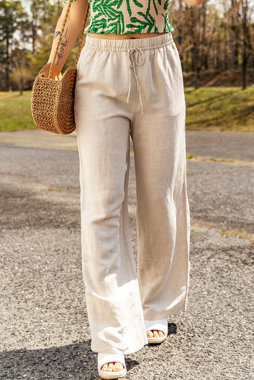 Trendsi Cupid Beauty Supplies Beige / S Women Pants Drawstring Waist Straight Leg Pants