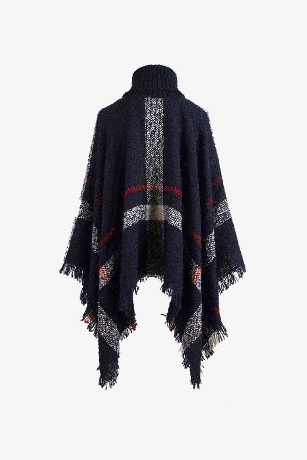 Stylish Plaid Turtleneck Poncho with Raw Hem