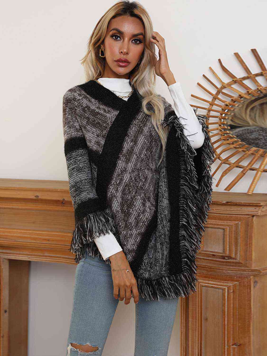 V-Neck Poncho with Fringes - Stylish Fashion Choice