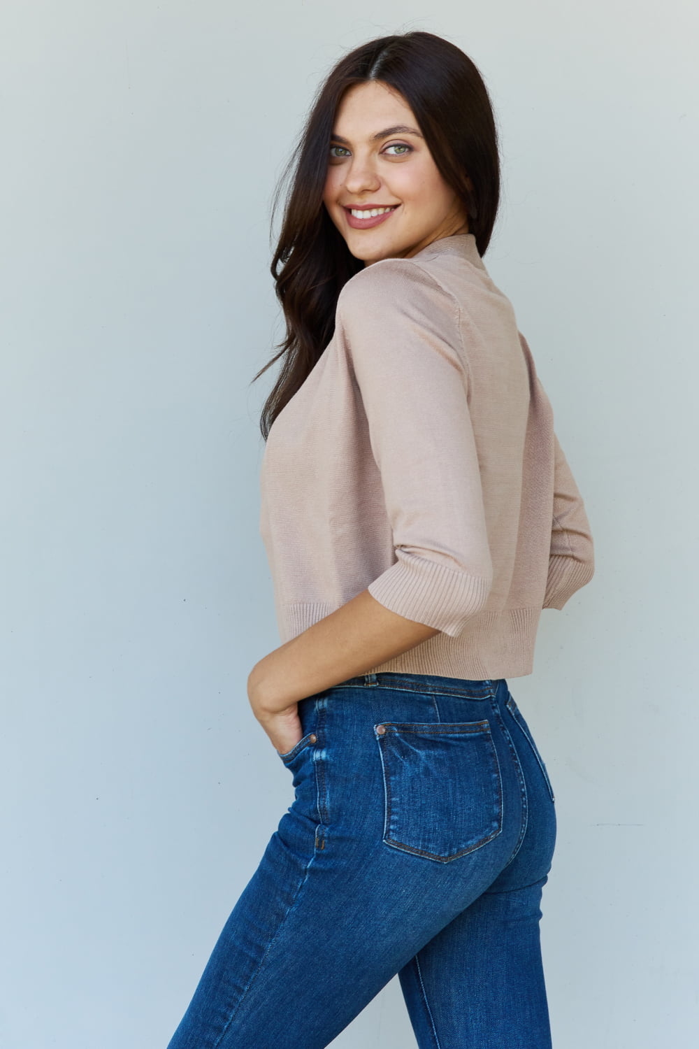 Khaki 3/4 Sleeve Cropped Cardigan - Doublju Favorite