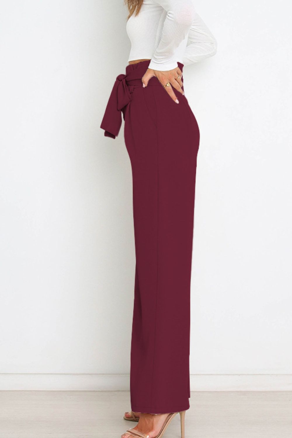 Trendsi Cupid Beauty Supplies Women Pants Tie Front Paperbag Wide Leg Pants