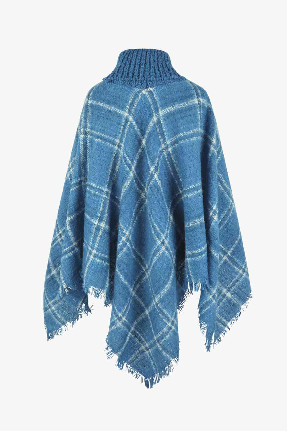 Plaid Turtleneck Poncho with Fringe Hem - Stylish Winter Fashion