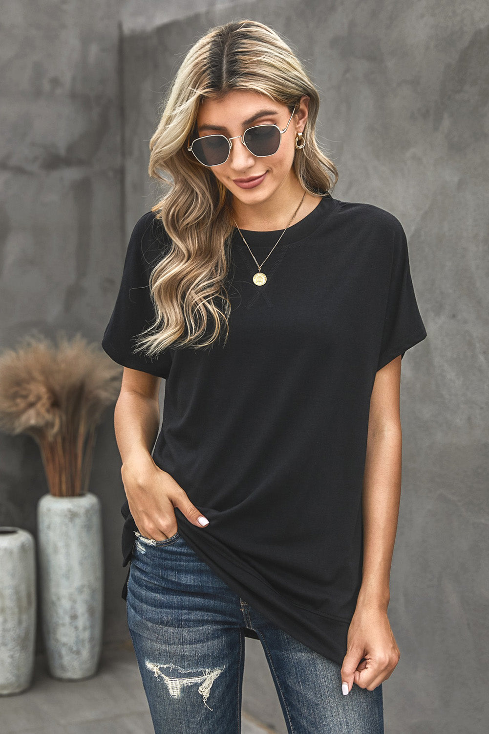 Trendsi Cupid Beauty Supplies Black / S Woman's T-Shirts Round Neck Short Sleeve Solid Color Tee
