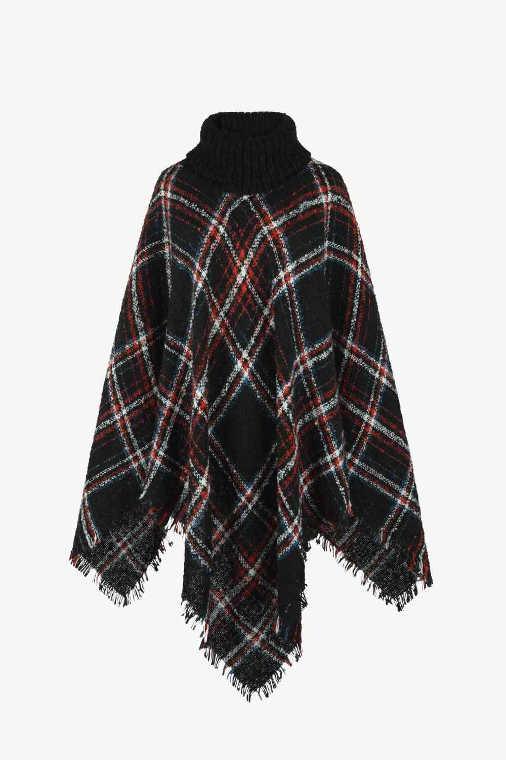 Plaid Turtleneck Poncho with Fringe Hem - Stylish Winter Fashion