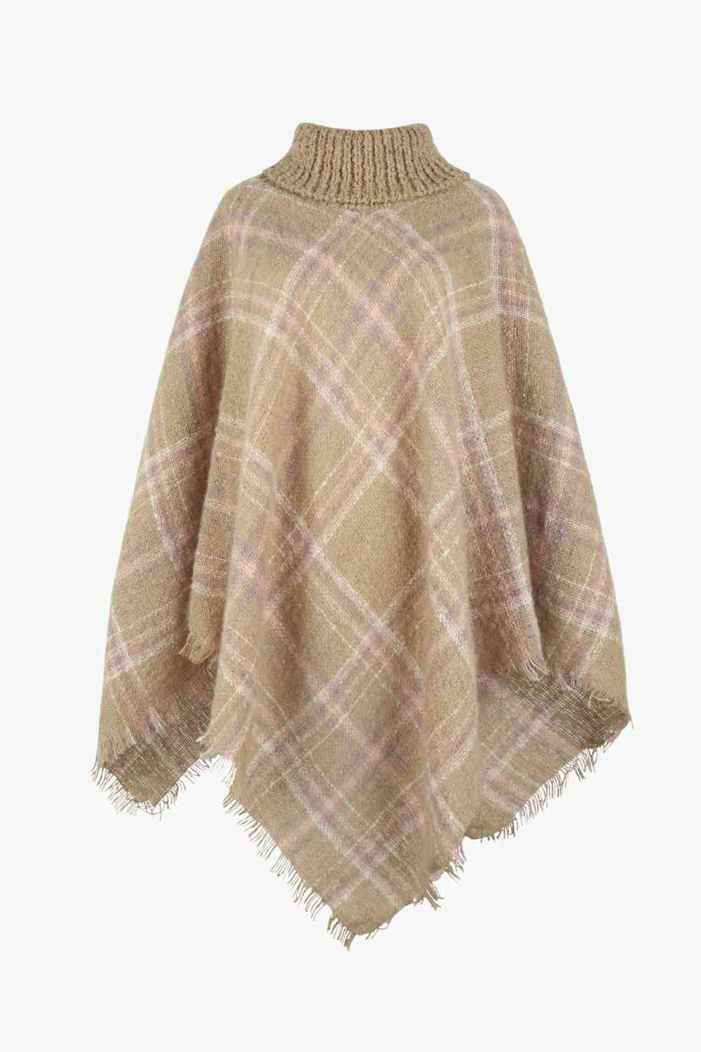Plaid Turtleneck Poncho with Fringe Hem - Stylish Winter Fashion