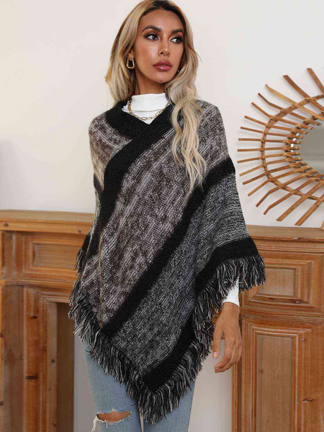 V-Neck Poncho with Fringes - Stylish Fashion Choice