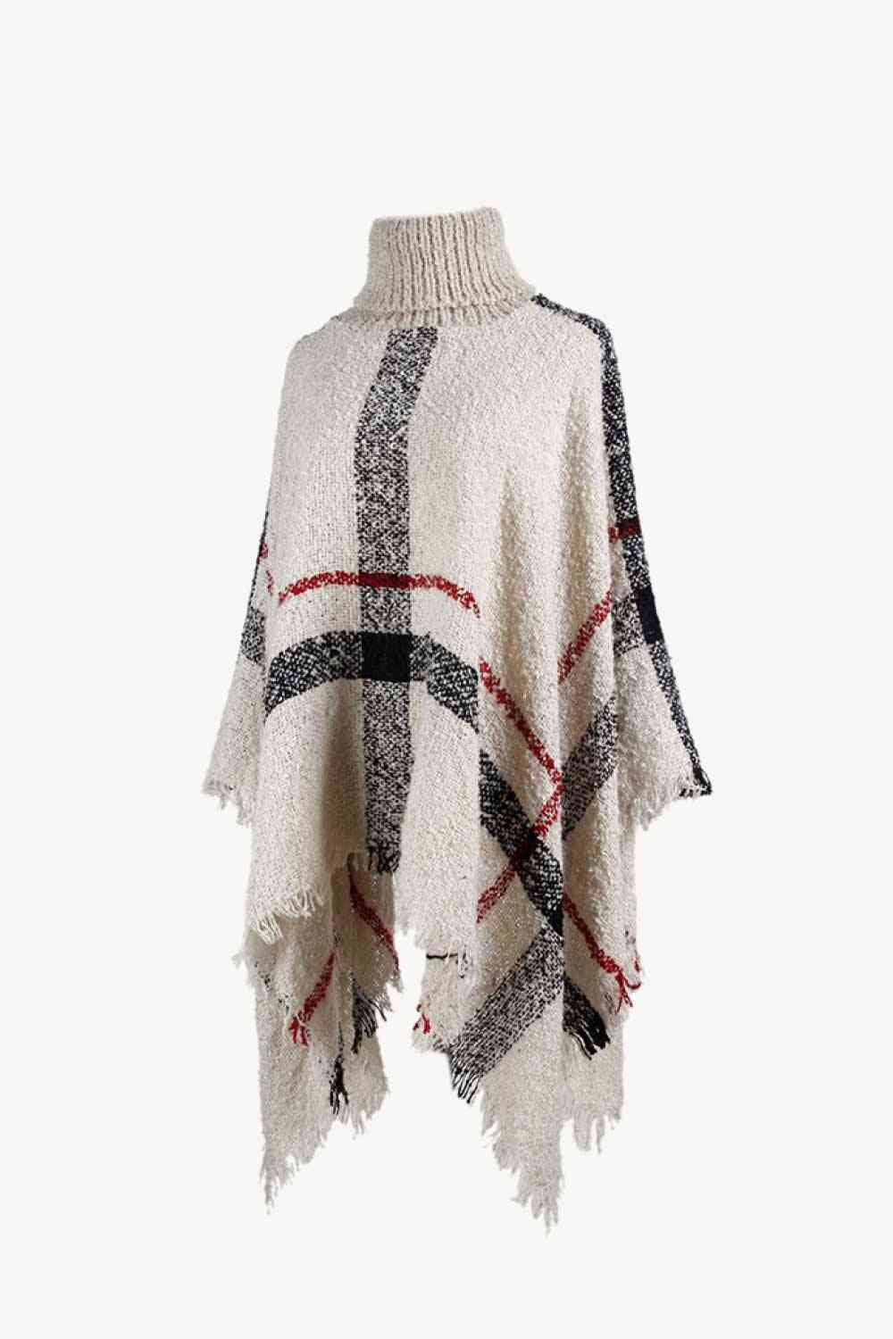Stylish Plaid Turtleneck Poncho with Raw Hem