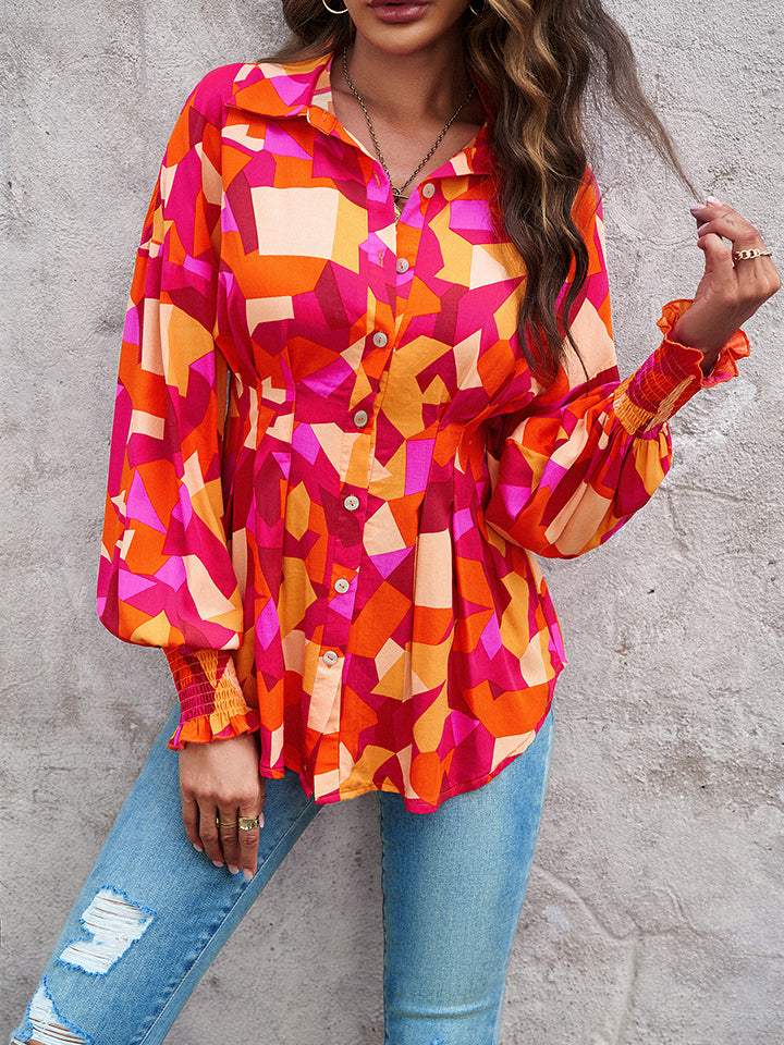 Trendsi Cupid Beauty Supplies Blouses Printed Button-Up Lantern Sleeve Shirt