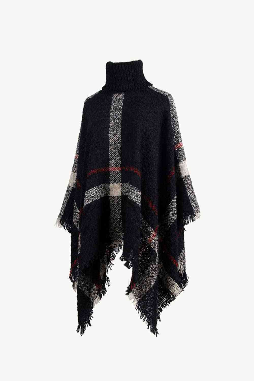 Stylish Plaid Turtleneck Poncho with Raw Hem