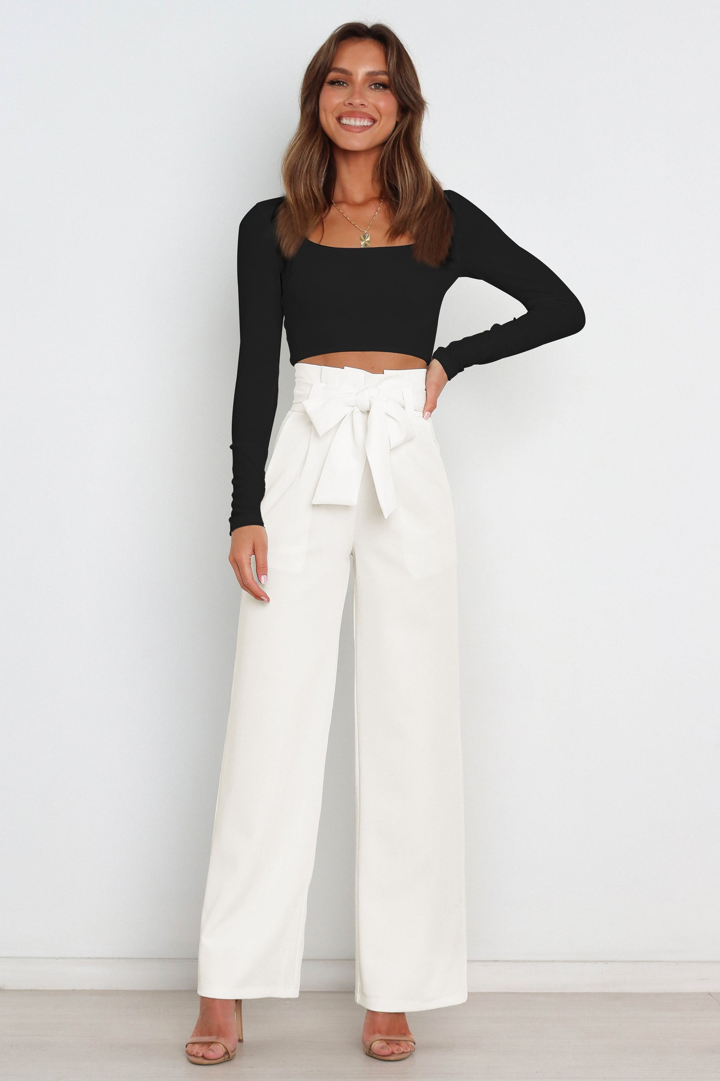 Trendsi Cupid Beauty Supplies Women Pants Tie Front Paperbag Wide Leg Pants