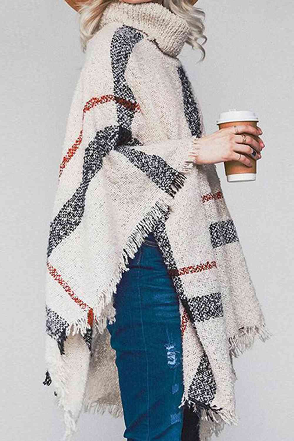 Stylish Plaid Turtleneck Poncho with Raw Hem
